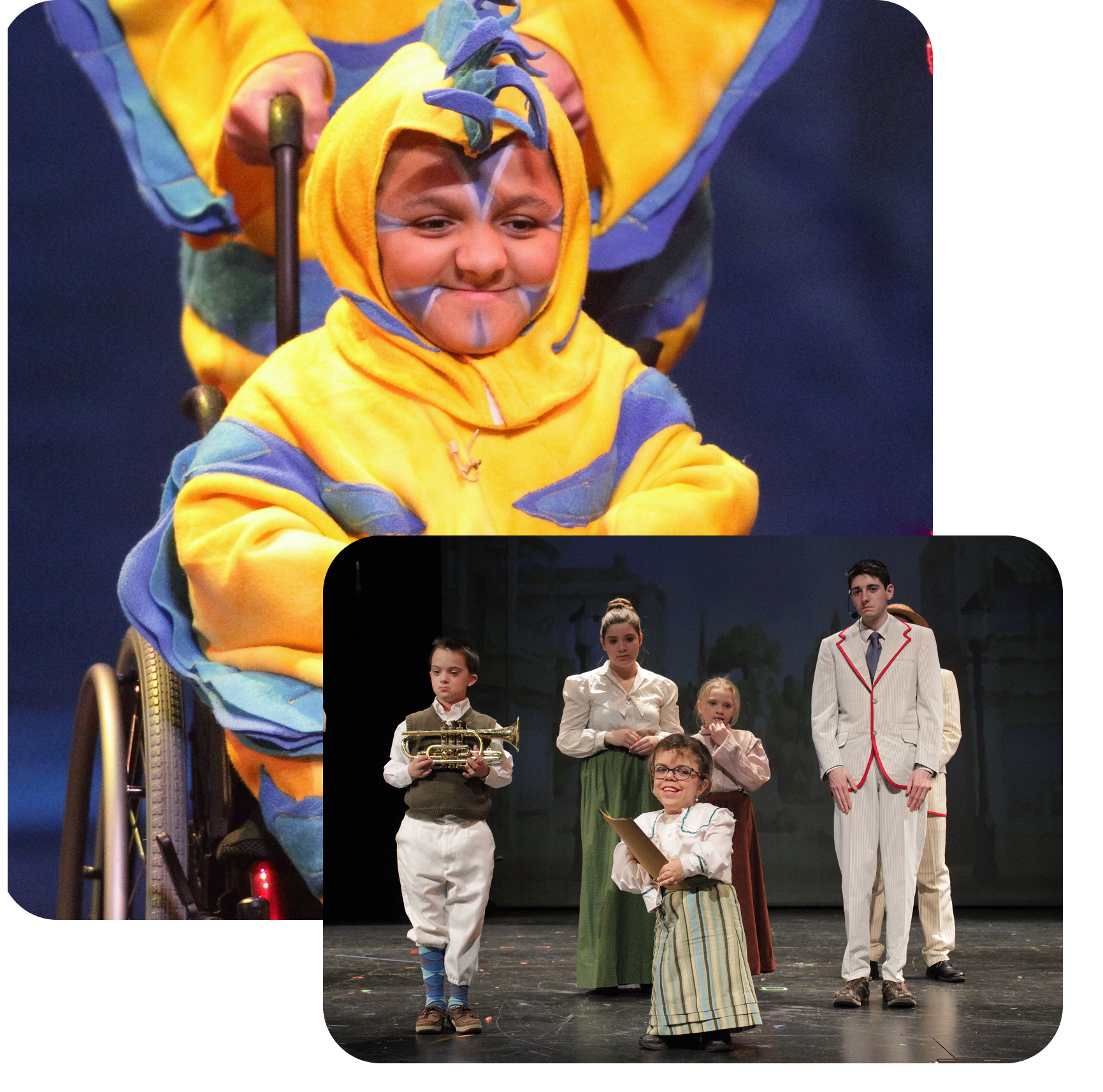 Child in wheelchair performing on stage.
